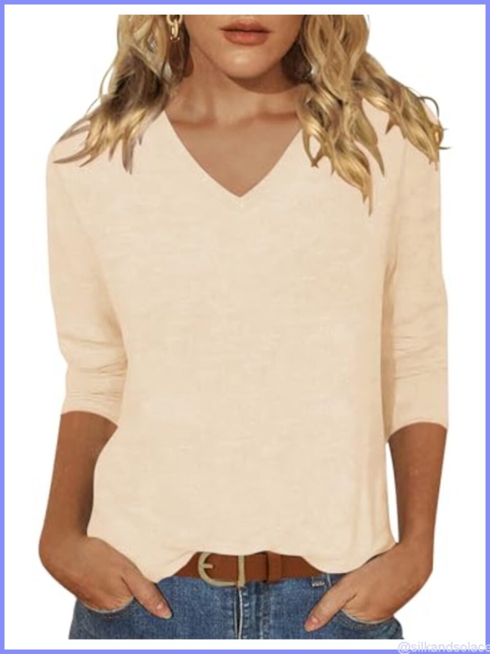 Womens V Neck 3/4 Sleeve Tunic Top Loose Fit Casual Basic T-Shirt